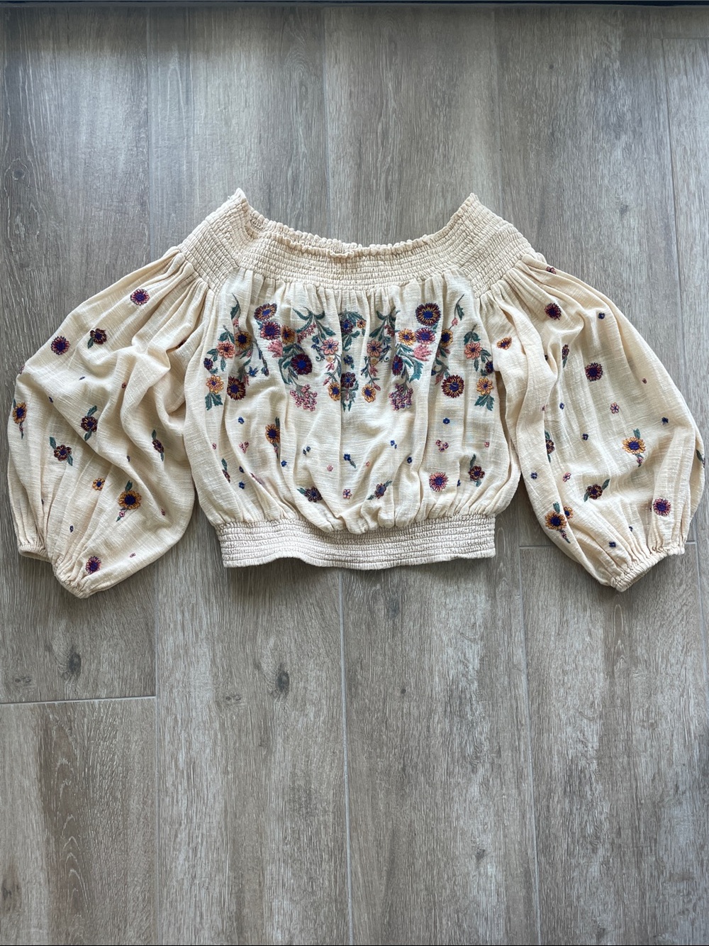 Free People Cream Off-Shoulder Embroidered Balloon Sleeve Top